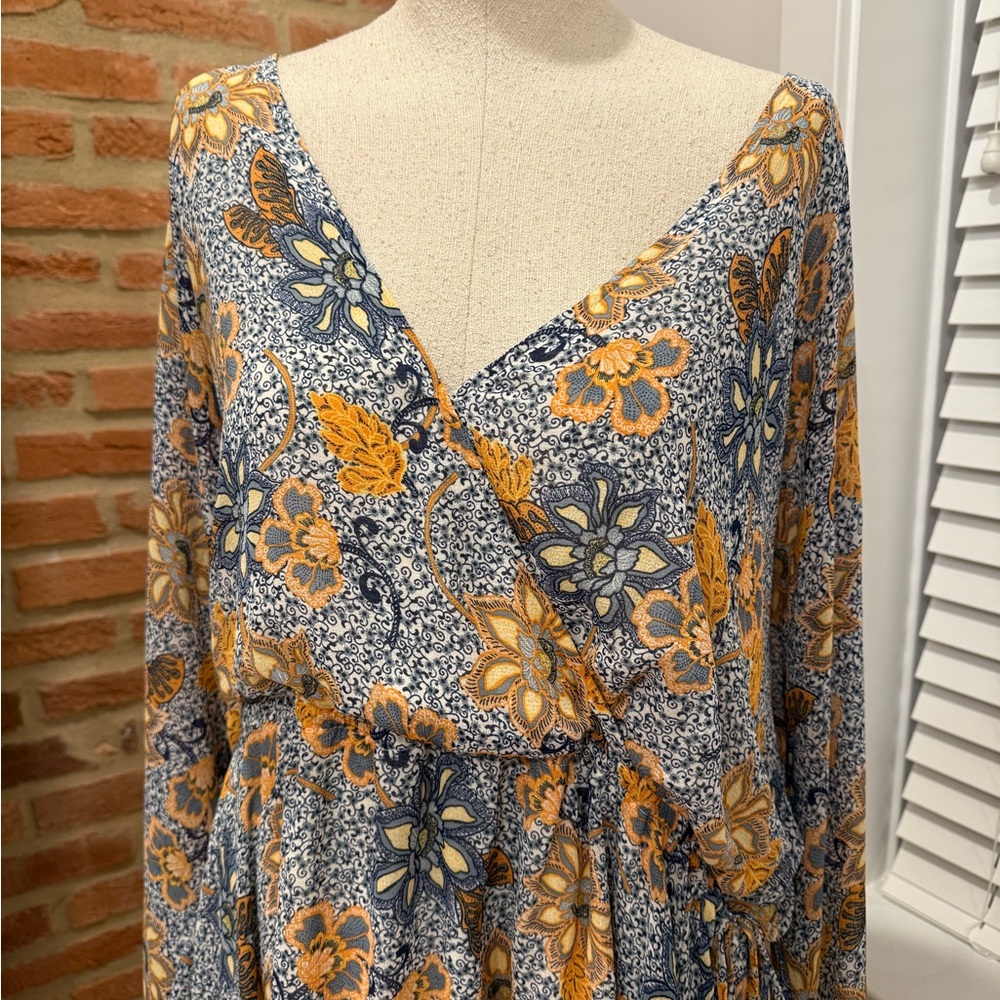 Golden Yellow and Blue Long Sleeve Sundress with V-neck and Bishop Sleeves